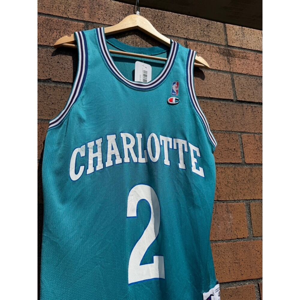 90s Champion Larry Johnson Vintage Teal Charlotte Hornets NBA Basketball Jersey - Picture 4 of 9